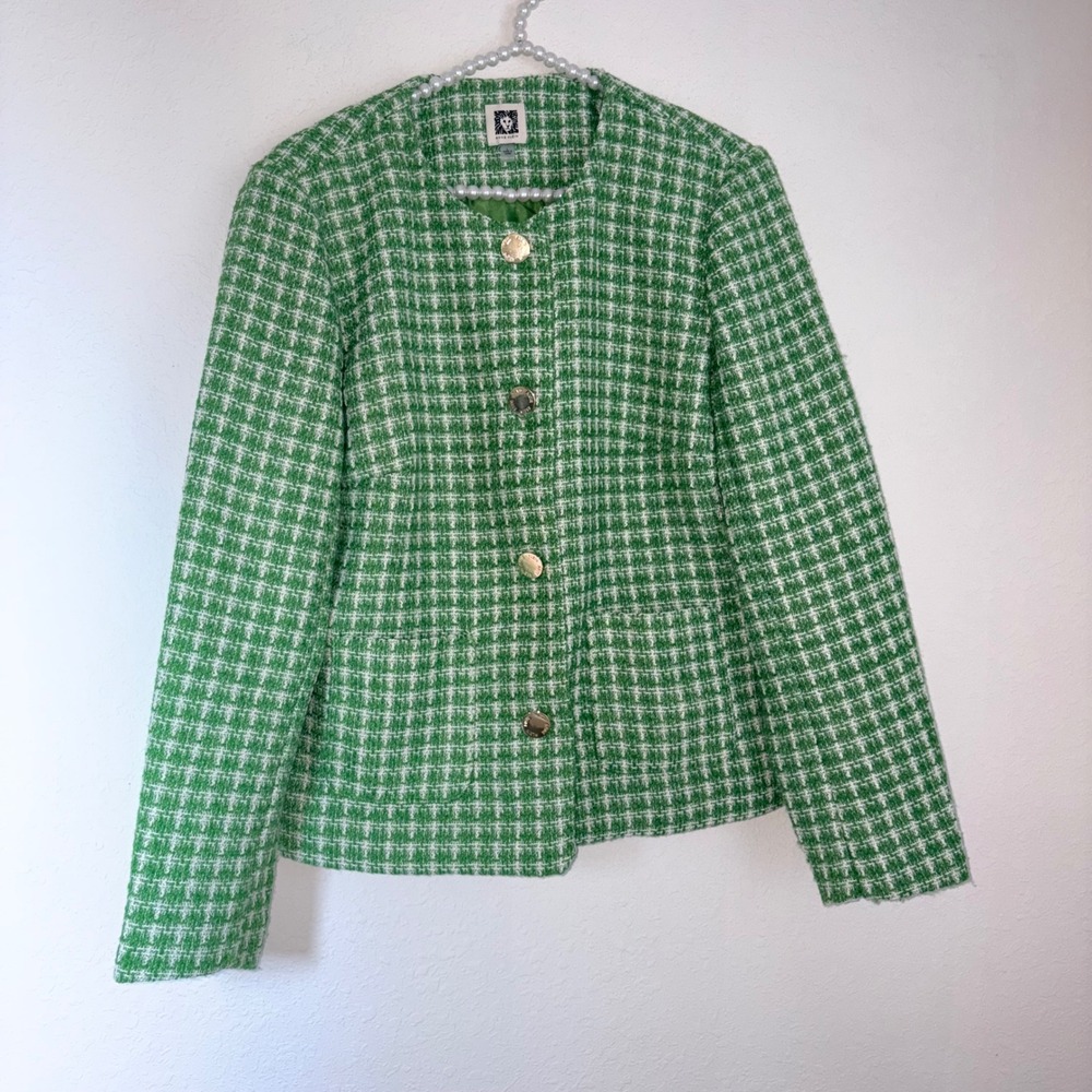 Anne Klein Tweed Jacket Large Green White Excellent Gold tone Button Blazer